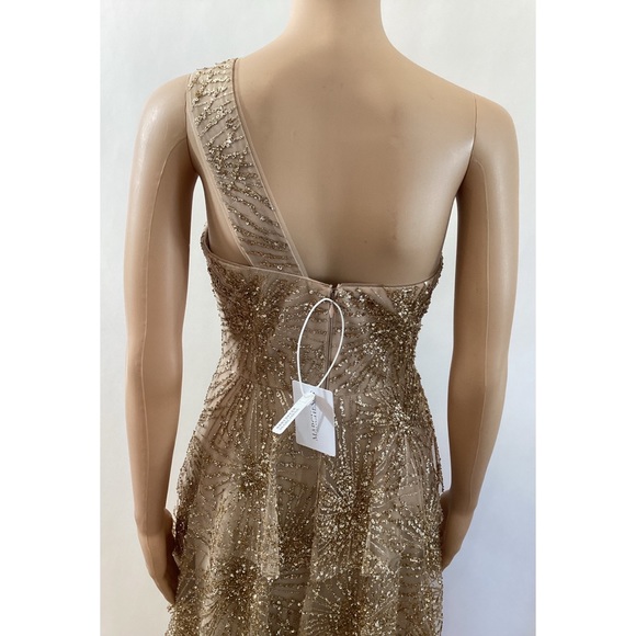 MARCHESA NOTTE GOLD GLITTER & BEADED TIERED GOWN - Picture 4 of 7